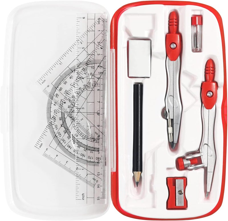 Vobou Math Geometry Kit Sets 10 Piece Student Supplies with Shatterproof Storage Box,Includes Rulers,Protractor,Compass,Eraser,Pencil Sharpener,Lead Refills,Pencil,for Drafting and Drawings（Red） - Image 1